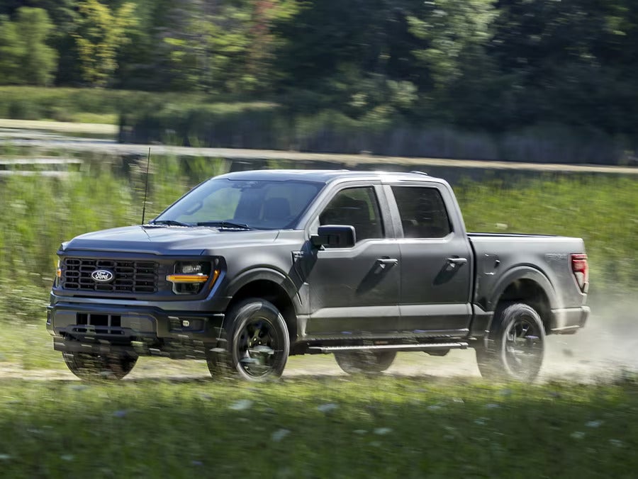 A dark grey Ford F-150 pickup truck speeds through a grassy field, kicking up dust. A body of water and trees are in the background under a sunny sky.